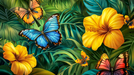 Vibrant tropical wallpaper with colorful butterflies feeding on bright yellow flowers, ideal for home d&eacute;cor