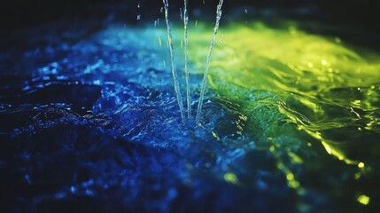 Vibrant blue and green liquid with dynamic water droplets splashing