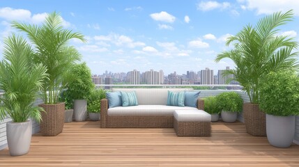 Cityscape View from a Relaxing Patio with Wicker Furniture and Lush Greenery