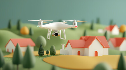 A drone flies over a model village with houses, trees, and rolling hills in a stylized, colorful landscape.