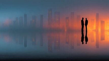 Fototapeta premium Virtual city arts meeting digital twins engage in a futuristic dusk urban environment