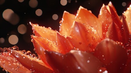 Close-up of a vibrant orange flower, glistening with water droplets against a bokeh background