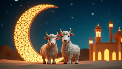 Adorable 3D Render: Two Sheep under a Luminous Crescent Moon, Eid al-Adha