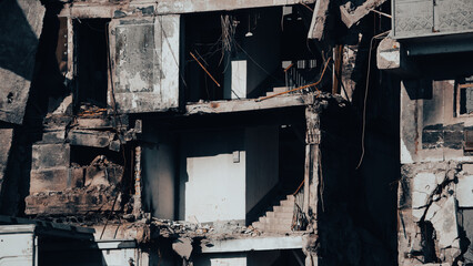 ruined street and destroyed houses the city war in Ukraine