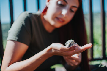 A young girl is engaged in play with a leopard gecko on her hand, enjoying a moment of connection...