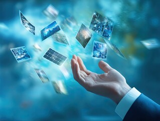 Hand holding numerous digital images floating in the air.  Various photos of nature scenes, landscapes, and technology are displayed