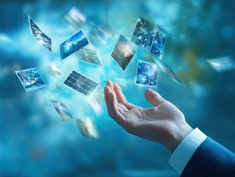 Hand holding numerous digital images floating in the air.  Various photos of nature scenes, landscapes, and technology are displayed