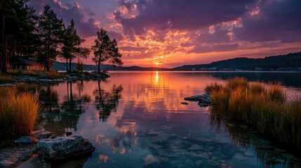 Fototapeta premium Tranquil sunset over lake with reflections nature landscape scenic peaceful view
