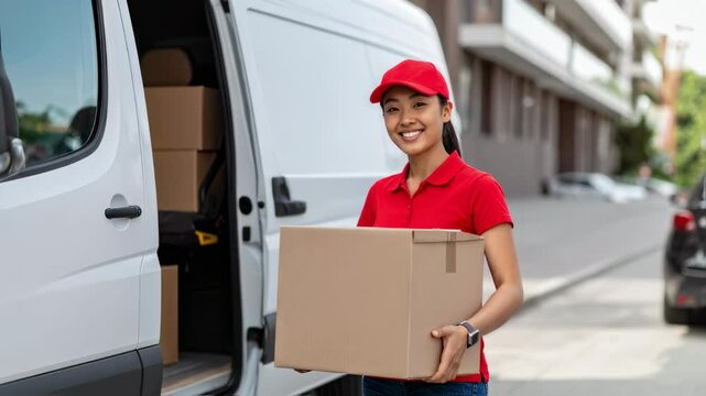 Female Delivery Driver with Parcel Exiting Branded Van &mdash; Urban Logistics and Efficient Service

