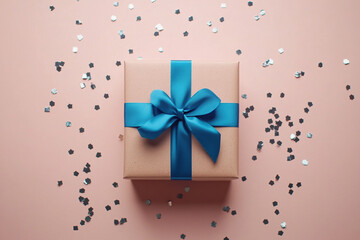 Obraz premium Gift box with blue ribbon and silver confetti on pink background