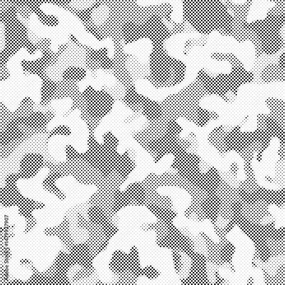 Poster Abstract halftone seamless camouflage pattern. Repeating digital dotted hexagonal camo military texture background. Abstract modern fabric textile ornament. Vector illustration.