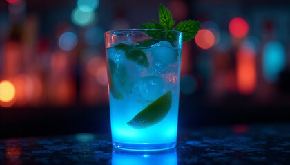 Vibrant Blue Mojito in Modern Glass – Cyberpunk Neon Lights & Fresh Mint (Cinematic Cocktail)