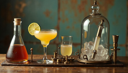 Steampunk Deconstructed Daiquiri &ndash; Rum, Lime & Ice in Vintage Lab Glassware (Molecular Mixology)