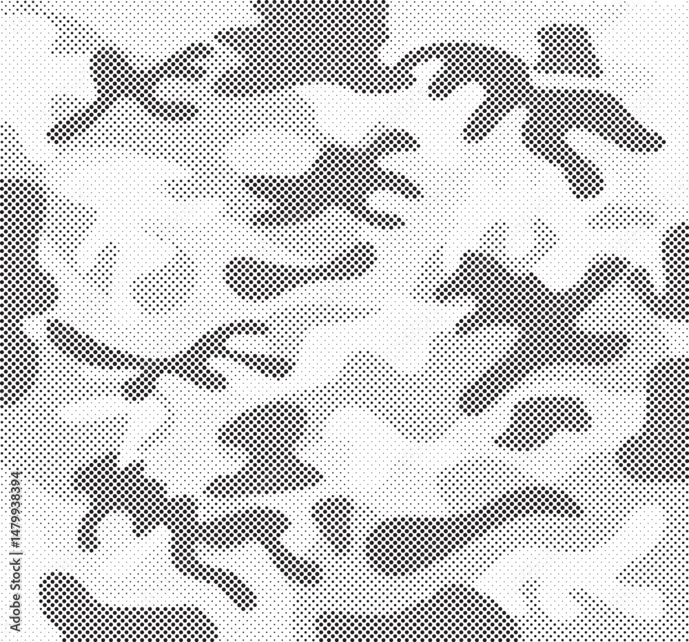 Fototapete Abstract halftone seamless camouflage pattern. Repeating digital dotted hexagonal camo military texture background. Abstract modern fabric textile ornament. Vector illustration.