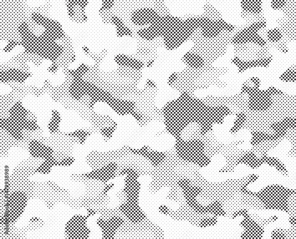 Fototapete Abstract halftone seamless camouflage pattern. Repeating digital dotted hexagonal camo military texture background. Abstract modern fabric textile ornament. Vector illustration.
