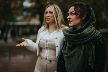 Two women engaged in a conversation while standing outdoors in a park-like setting, captured during...