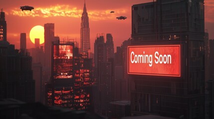 Futuristic cityscape coming soon advertisement