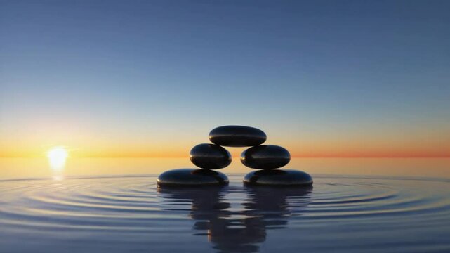 Black zen stones stack in blue water with reflection showing nature's spa beauty and balance for relaxation