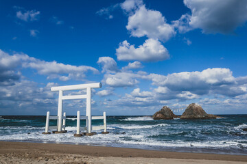 white torii gate facing the wedded rocks at the beach