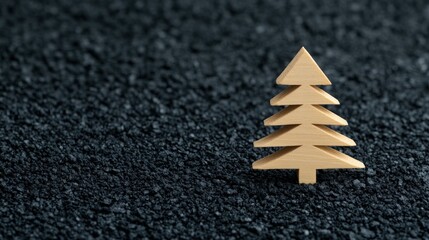 A small wooden Christmas tree figure stands on a textured black surface, symbolizing minimalistic holiday decor.