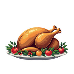 Roasted turkey on a platter with festive garnishes and fruits  