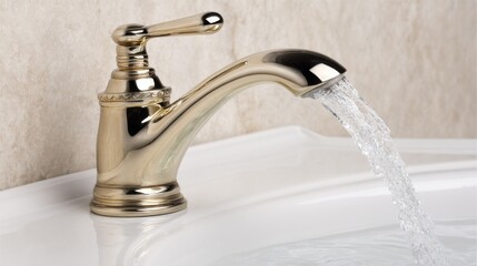 Close-up of gold faucet running water into white sink in bathroom setting, clean and elegant design, interior plumbing fixture