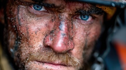 Obraz premium Heroic firefighter portrait after intense battle urban setting gritty close-up resilience captured