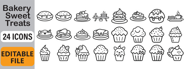 Collection of 24 bakery sweet treat icons including cupcakes pancakes and pastries editable file