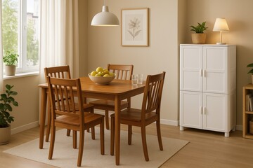 Wood dining table set in warm interior, natural light, cozy home