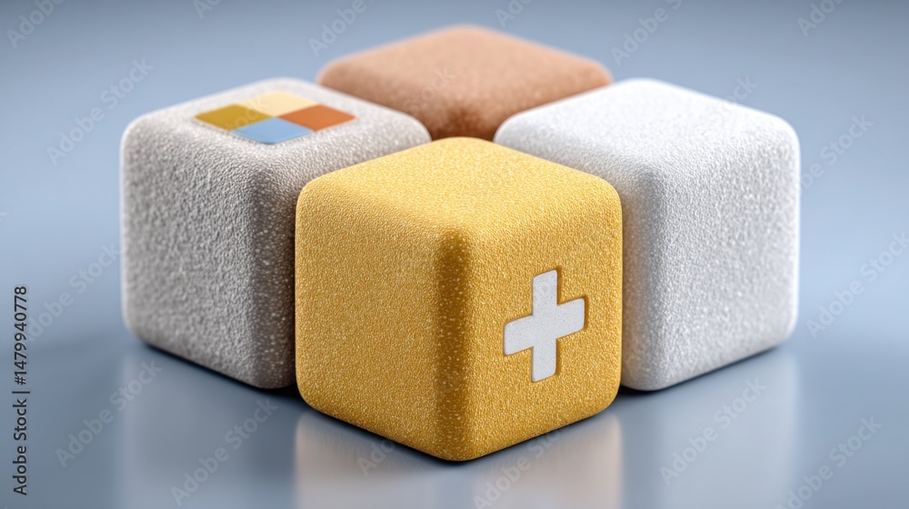 Poster two interconnected cubes featuring a cross symbol representing a technological welfare system in a b