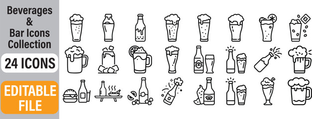 Collection of 24 minimalist bar beverage icons including beers cocktails and beer bottles
