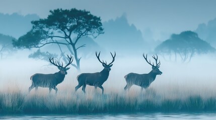 Obraz premium Deer in a misty nature reserve at dawn serene landscape tranquil environment captivating viewpoint