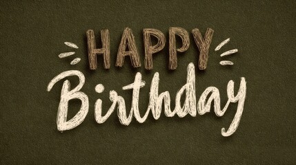 Happy Birthday sketch-style lettering on textured dark green background.