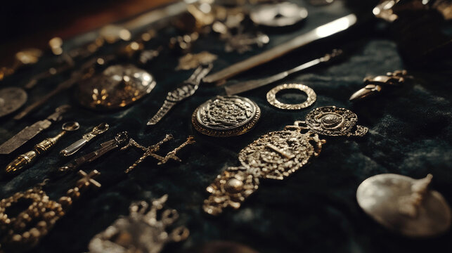 Ornate antique medals, jewelry, and historical metal artifacts are displayed on a dark velvet surface under dim, warm lighting.