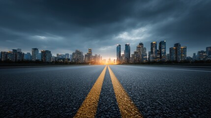 Asphalt Road Leading to Modern City Skyline at Night Low Angle View of Urban Landscape with Dramatic Sky and City Lights