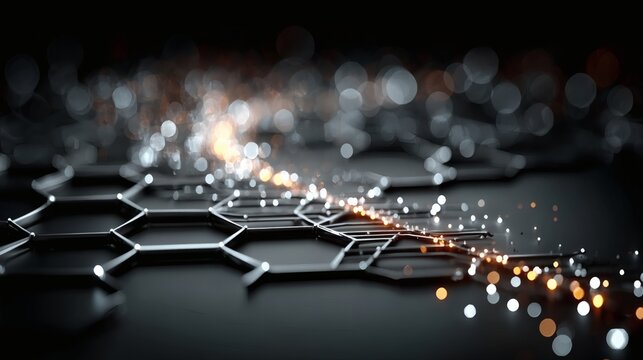 Artificial intelligence inspired background with glowing circuit trails and floating tech hex grids 