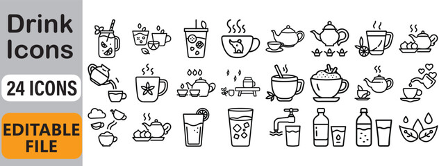 Collection of twenty four black and white drink icons editable vector file