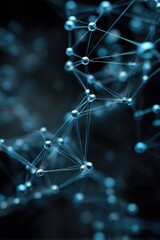 Abstract network of connected spheres with blue glow, close-up view, modern technology concept, science and medicine background, studio shot