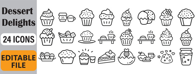 Collection of twenty four dessert icons editable outline illustrations cupcakes and sweet treats