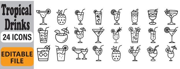 Collection of twenty four editable black and white tropical drink icons in various styles