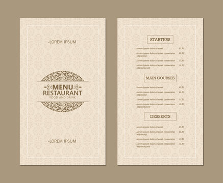 classic restaurant menu template with a decorative border and stylized text. Perfect for showcasing food and drink offerings. - Powered by Adobe