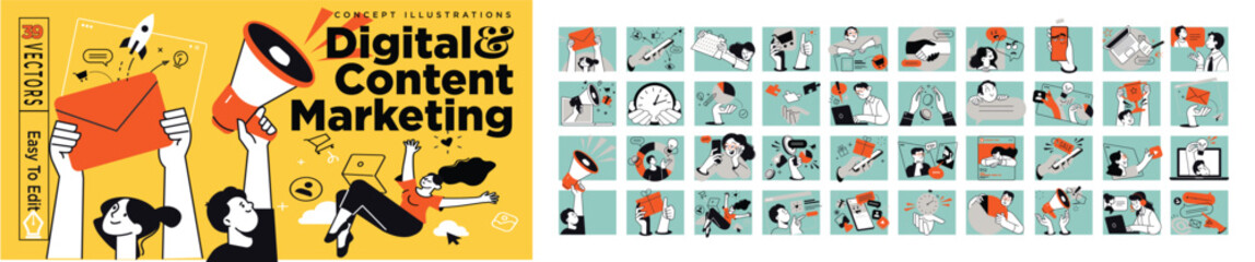 Digital  and content Marketing concept illustraton with the set of vectors