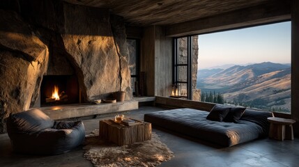 Cozy minimalist living room with natural lighting mountain view modern design tranquil ambiance