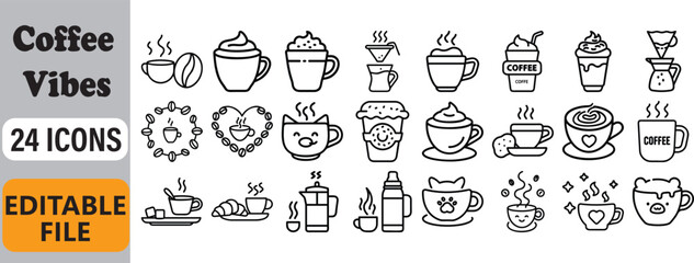 Twenty-four coffee icons vector design set with various brews and styles in minimalistic outline