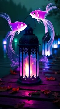 Lanterns filled with swirling ectoplasm glow on a quiet dock, attracting strange, spectral fish
