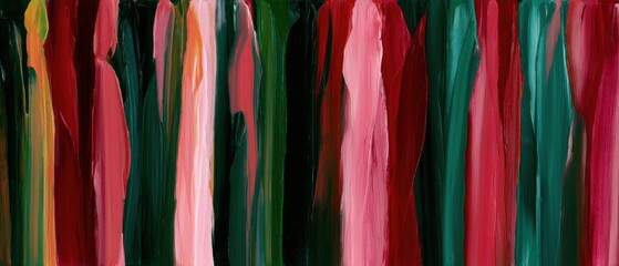 Naklejka premium Abstract Painting of Vertical Brush Strokes in Red Green and Pink Colors Close Up Modern Art Style
