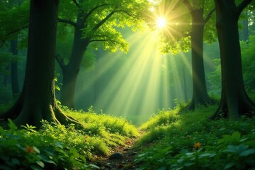 Lush green forest scene with sunlight dappling through leaves , beam, verdant