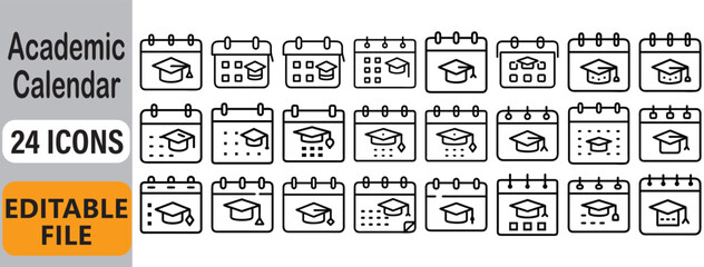 Vector illustration of twenty-four editable academic calendar icons with graduation mortarboard symbol