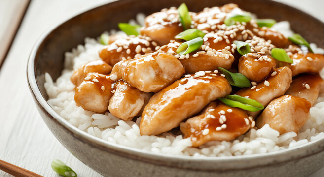 close-up de frango teriyaki com sementes de gergelim e cebolinha servido sobre arroz branco cozido no vapor em uma tigela de cer&acirc;mica