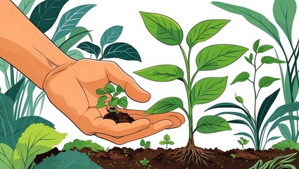 A tender hand nurturing vibrant growing plants